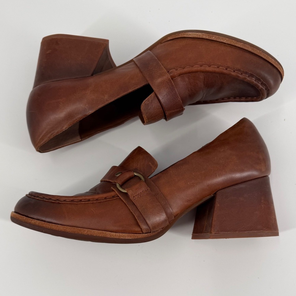 Kork-Ease Brown Leather Heeled Loafers Block Heel Ring Detail Pumps Womens 9.5 - Picture 7 of 10